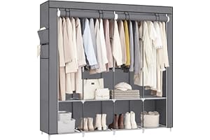 SONGMICS Clothes Wardrobe, Portable Closet, Garment Organiser Rack with 4 Hanging Rails, Shelves, 4 Side Pockets, 170 x 45 x 167 cm, Large Capacity for Bedroom, Living Room, Grey RYG094G02