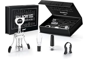ipow Tire-Bouchon/Décapsuleur à Ailette/Ouvre-Bouteille 4 en 1 avec Coffret, Accessoires de Vin avec Coupe-Capsule, Verseur-Aérateur, Bouchon à Vide pour Amateurs de Vins – Argent