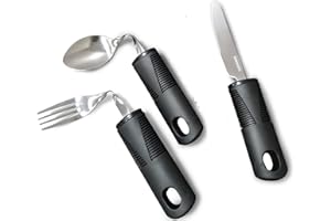 VERGILSON Bendable Extra Wide Handles Easy Grip Cutlery Set for Adult, Chunky Handles, Disability Ideal Dining aid for Elderly Disabled Arthritis Parkinson's Disease Tremors Sufferers (3Pcs Black)