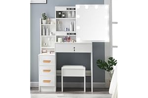 TOPHEHAN Dressing Table with LED Lights, White Vanity Makeup Table Set with Mirror and Stool, Modern Cosmetic Bedroom Dresser Make up Desk with Drawers and Shelves Storage Unit for Girls (Modern 02UK)