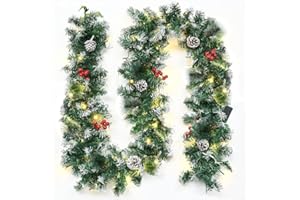 ERRUM 9FT/2.7M Christmas Garland with Lights for Stairs Fireplace Artificial Garland Decorations with Lights Pine Cone Baubles, Christmas Wreath Garland Xmas Festive Tree Decor
