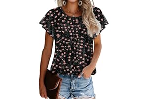 ZEAGOO Womens Summer Tops Ruffle Short Sleeve T-Shirt Flowy Loose Pleated Floral Mesh Shirts Double Layers Crew Neck Tunic Tops