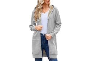 Nadeer Felpe Cappotto Donna Plain Sherpa Peluche Zip Up Medio-Lungo Casual Caldo Pile Coulisse Donna Felpa con Cappuccio Inverno Manica Lunga Giacca con Tasche Outwear