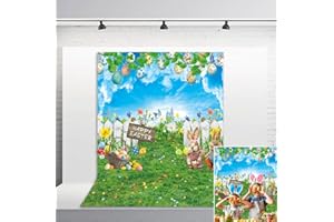 BINQOO Blue Sky Happy Easter Rabbit Photography Backdrop Spring Bunny Colorful Eggs Wood Fence Garden Grass Lawn Background Kids Easter Party Decoration (6x8FT(width 180cm x Height 240cm))