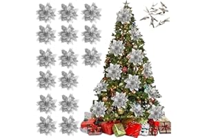 GENERICO 15 Fiori Albero Di Natale Argento, Fiori Grandi Per Albero Di Natale Diametro 14 cm Resistenti Con Gancio Di Montaggio Incluso, Rose Argento Per Addobbi Natalizi