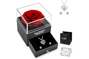 NEWUPZSI Regalo Madre Regalo Cumpleaños rojo con Collar y Pendientes para Mamá Rosa Eterna Caja Rosa Real Preservada Navidad Regalos para Mamá,Mejor Madre del Mundo
