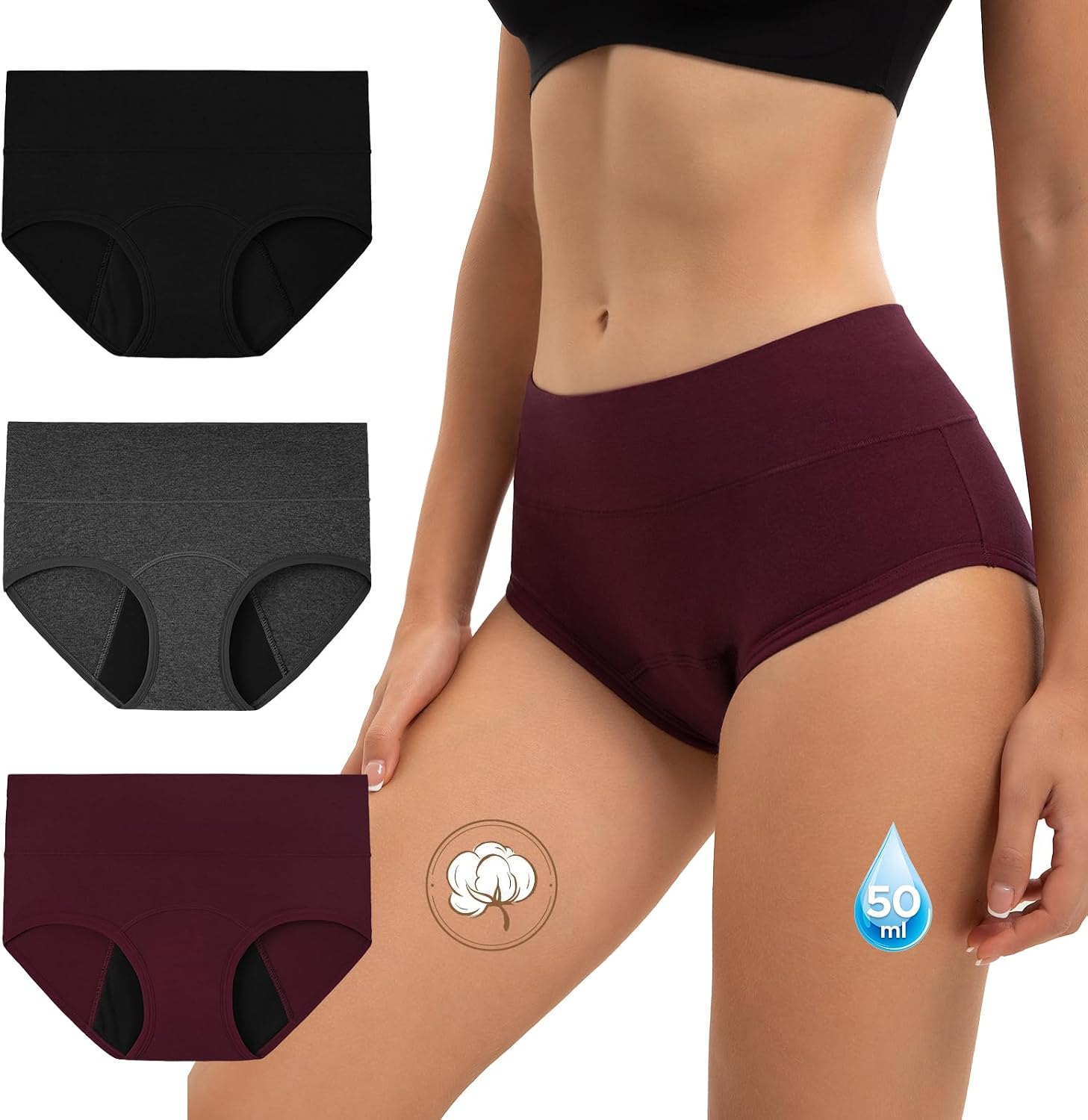 INNERSY Bragas Menstruales Mujer Flujo Abundante 50ML Braguitas Menstrual Cintura Alta Algodón Pack de 3