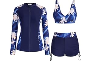 JASAMBAC Womens Rash Guard UV UPF 50+ Long Sleeve Zip Up 3 Piece Swimsuit Boyshort with Bikini Set