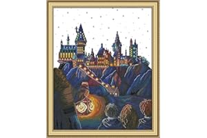 Joy Sunday - Kit per punto croce su tela stampata da 11 ct, motivo: castello magico, ricamo fai da te, fili DMC per ricamo a punto croce e lavori di cucito