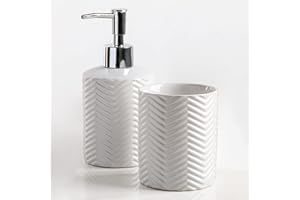 KVOTA Bad-Accessoires-Set aus Keramik 2-teilig Seifenspender 350 ml, Becher 350 ml, weiß für Badezimmer modern und schick