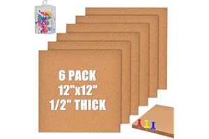 Okydoky 12"x12" (30.5 X 30.5cm) Self-Adhesive Cork Borad, 1/2" (12mm) Thick Cork Tiles for Walls, 6 Pack Bulletin Board with 50 Push Pins for Office, Home, School(12mm,6P,UK)