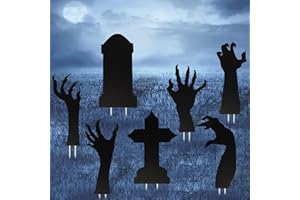 OUMUAMUA 7Pcs Halloween Scary Decorations Outdoor- Black Zombie Hands and Tombstone Yard Sign with Stakes Halloween Graveyard Decoration for Outdoor Yard Garden Lawn Patio Halloween Decor