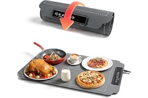 Chauffe Plat Électrique, GuKKK Plateau Chauffant Silicone Portable, Pliable Chauffe-Assiette Alimentaire avec 4 Températures Température Réglable 40°C - 100°C et Minuteur 1/3/5h, pour Fêtes, Buffets