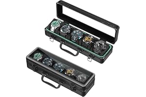 MATGEUT Aluminum watch storage box, 5 slots deluxe Watch organizer,carry box holder -watch Storage case for all size watches (Black Clear Glass Top, 5 slots)