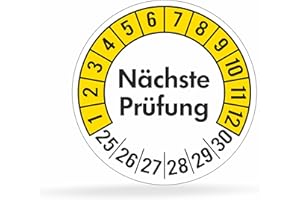 beihaasnatuerlich® 100 Prüfplaketten 30mmØ "Nächste Prüfung" 2025-2030, selbstklebend, Prüfaufkleber, E-Check Prüfetikett, Plakette, TÜV-Plakette (30 mm Ø, Gelb 100)