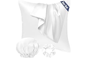 ‎SEIWOHL Seiwohl Satin Kissenbezug 80x80 2er Set, Weich wie Seidenkissenbezug Silk Pillowcase, Vegane Seide Kopfkissenbezug Kissenhülle Haarschutz für die Nacht mit Haargummi und Haarhaube, Weiß