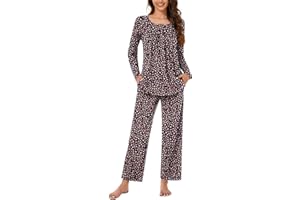Bestbee Women's Pyjamas Set, 2 Piece Pleated Nightwear Set Long Sleeve Long Pant With Pockets Ladies Pjs Set