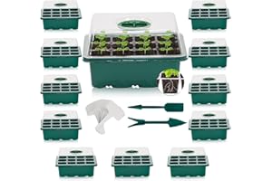 KAHEIGN 12Pcs Plateaux de Démarrage de Semences, 144 Cellules Plastique Très Résistant Plateaux de Propagation de Graines avec Dôme De Ventilation Et Socle, 20 étiquettes De Plantes, 2 Semis Outils