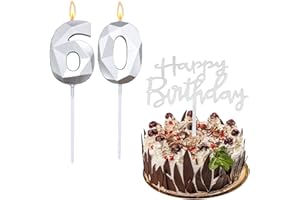 ‎BOLOSA Bolosa Kerze 60 Geburtstag Frau Mann, Geburtstagskerze 60 und Happy Birthday Steckkarte, 60. Geburtstag Frau Mann, Zahlen Kerzen 60, Geburtstag 60 Jahre Frau, Kerzen 60 für Geburtstagsparty(Silber)