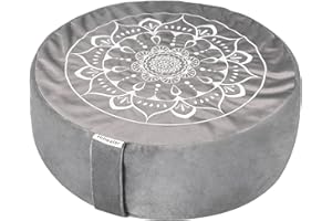 Hihealer Coussin de méditation avec housse en velours – Grand coussin de méditation tibétain traditionnel pour yoga, coussin de sol Zafu rempli de coques de sarrasin, excellent cadeau pour femme (gris