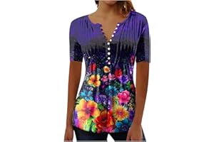 YOLOKE 2023 Summer Short Sleeve Tops for Women UK Trendy Casual Floral Graphic Shirts Tunic Blouses Plus Size Crew Neck Boho Henley Tees