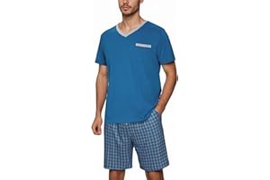 Litherday Męska pidżama, krótka piżama, bawełna, krótki rękaw, koszulka w kratkę, z kieszenią, spodnie piżamowe, dwuczęściowy zestaw, bielizna nocna dla mężczyzn