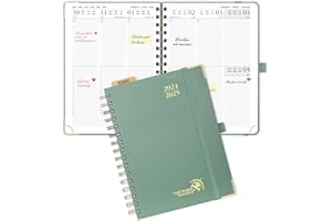 POPRUN Agenda Settimanale 2025 Spirale 21,5 x 16 cm, Diario Scuola 17 Mesi da Ago.24 a Dic.25, Copertina Rigida con Carta Spessa da 80 GSM, Verde Mezzanotte
