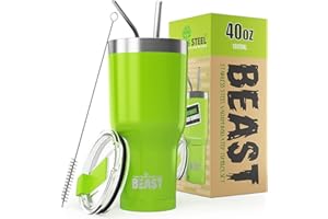 GREENS STEEL BEAST Termo Café para Llevar - 1100ml I Verde limón I Taza Térmica de Acero Inoxidable Reusable I Taza Viajera de Doble Pared al Vacío I 2 Pajitas y Cepillo de Limpieza I para Café Frío o Caliente