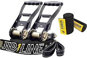 Gibbon Slacklines JibLine XL Trickline Set | 25 m (20 m Webbing + 2 x Nastro a cricchetto da 2,5 m) | 2 cricchetti | TreeWear | 5 cm di Larghezza | Stampa Antiscivolo | carico di Rottura 30 KN | per