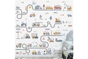 decalmile Pegatinas de Pared Coches Carretera Transporte Vinilos Decorativos Construcción Vehículos Excavador Camiones Adhesivos Pared Cuarto de Jugar Niños Habitación