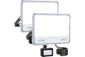 ANNIFUNLY Focos LED Exterior Con Sensor De Movimiento, 50W 5000LM Focos LED, 2PC Floodlight Proyector LED 6500K Blanco Frío, Impermeable IP67 Luce Para Casa, Garaje, Patio, Terraza, Campo