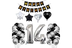 BOMICLSS 14th Birthday Decorations for Boys Girls Black Silver Happy Birthday Balloons Supplies 14 Birthday Party Set with 14 Sliver Number Balloons Happy Birthday Banner and Foil Star Balloons (14th-birthday)