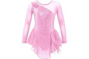dPois Robe de Patinage Artistique Enfant Fille Robe de Danse Classique Manches Longues Paillettes Brillants Strass Justaucorps Gymnastique Gym Ballet 4-16 Ans