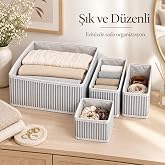 DEİNHAUS 4'l&uuml; &Ccedil;ekmece D&uuml;zenleyici Set, Gri &Ccedil;izgili, Kumaş, L/M/S Boyutları, Valiz ve Dolap Organizeri