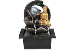 GEEZY Indoor Water Fountain - Crystal Ball Buddha Design Water Feature with LED Lights - Mains Powered & Self-Contained, Table Top, Relaxing & Tranquil - Perfect for Home, Living Room, Office Decor