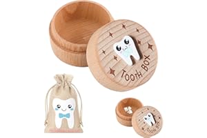 QIANEFFORT Tooth Fairy Box, 1 pcs Tooth Box with 1 pcs Tooth Fairy Bag,Wooden Tooth Bo x to Keep The Childhood Memory for Tooth Loss Baby Birthday Gifts,Too th Bo x Keepsake,Tooth Fair y Bags(Blue Bow)