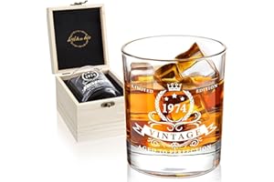 LIGHTEN LIFE Regalos de cumpleaños número 50 para hombres, 360 ml, vaso de whisky de 1974 en valiosa caja de madera, vaso de bourbon para papá de 50 años, marido, amigo, ideas de regalo de 50