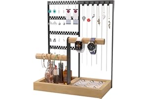 Benxdara Porte Bijoux Femme, Présentoir à Bijoux Porte Boucle d'Oreille à 4 Niveaux, Arbre à Bijoux Présentoir Collier avec Plateau et Crochets pour Chaînes, Bagues, Bracelets, Montres, Noir