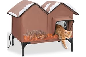 GDGZT Large Heated Outdoor Cat House Waterproof, Soft and Warm Elevated Winter House with Escape Doors and Heating Pad, Sturdy Insulated Outdoor Cat Shelter for Multiple Cats & Dogs, Brown