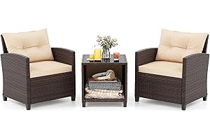 GIANTEX Conjunto de Muebles de Jardín, 3 Piezas de Ratán para Exterior, 2 Sillones con Cojines y 1 Mesa de Panel de Vidrio, Mesa y Silla para Terraza, Jardín, Patio (Ratán Marrón+Cojín Marrón)