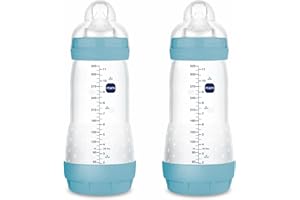 MAM Pack 2 Biberones Anticólicos, a partir de 4 Meses, 320ml, con Tetina 3 Flujo Rápido de Fácil Aceptación, Autoesterilizable y Fácil de Limpiar, MAM Easy Start Anti-Colic, Azul Mate, Pack de 2uds
