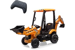BALOVEBY 4 in 1 Elektro Bagger & Bulldozer, 12V Kinder Elektrofahrzeuge mit Fernbedienung, Frontlader, Bagger, Hupe, Eva-Reifen, Gelb