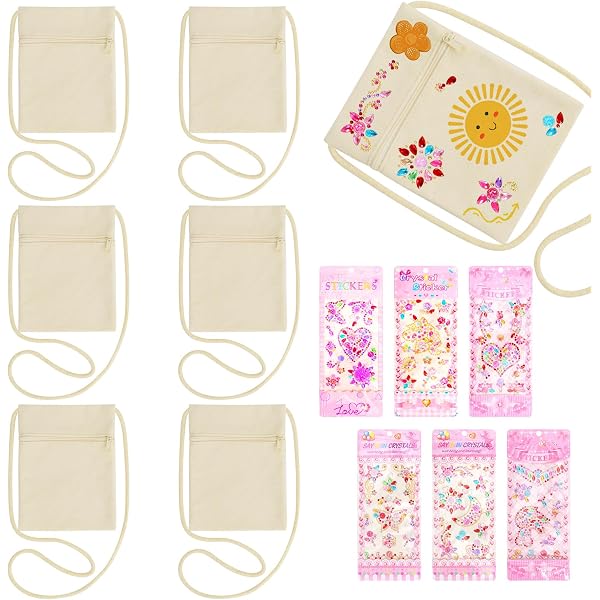 6 sacchetti sul petto da dipingere per bambini, borsa a tracolla per bambini, in tessuto bianco, colore beige, per feste, asilo e scuola, bomboniere per feste dei bambini, con chiusura lampo, beige