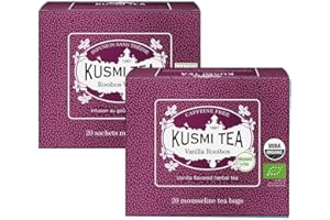 Kusmi Tea - Juego de 2 Cajas de Té - Rooibos Vainilla - Té Rojo Orgánico - Infusión de Rooibos con sabor a vainilla - Tisana sin Teína - Disfrutar Caliente o con Hielo - 2x20 Bolsitas de Té