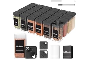 Homhut Gewürzgläser Eckig Set Mit Deckel [24x 120ml], Stabiler Plastik Gewürzstreuer Luftdichte, Gewürzdosen Mit Streueinsatz, Spice Jars Mit 120 Etiketten, Gewürz Organizer Schwarz