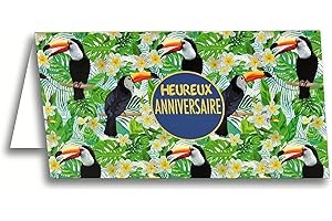 afie 69-4202 Carte Heureux Anniversaire Paillettes Toucan Oiseau Tiaré Fleur Iles Tahiti Floral Feuille Palmier Jungle Forêt Nature Tropical Exotique Eté Branche Bois Brillant Eté Frais