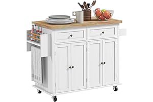 HOMCOM Kitchen Island on Wheels, Rolling Kitchen Storage Trolley with Rubber Wood Top, Drawers, Adjustable Shelves, Towel and Spice Rack for Dining Room, White