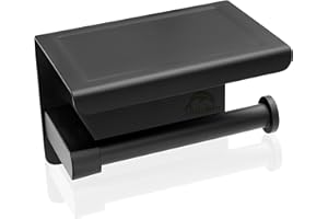 Dolvhin® Porta Carta Igienica Senza Forare con Mensola | Moderno Portacarta Adesivo in Acciaio Inox | Porta Rotolo Per WC e Bagno | Nero opaco