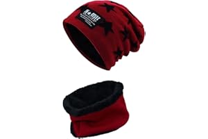 Momoon Dicke Beanie Hut +Schal Set Winter Warmen Schnee Knit Skull Cap für Kinder Jungen Mädchen(Suitable for 6-14, Stern rot, one size(fit teenager 6-14)