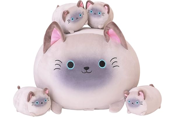 SQEQE Chat Siamois en Peluche, Adorable Chat Siamois en Peluche avec 4 Chatons spongieux dans Son Ventre, Oreiller Doux pour Enfants
